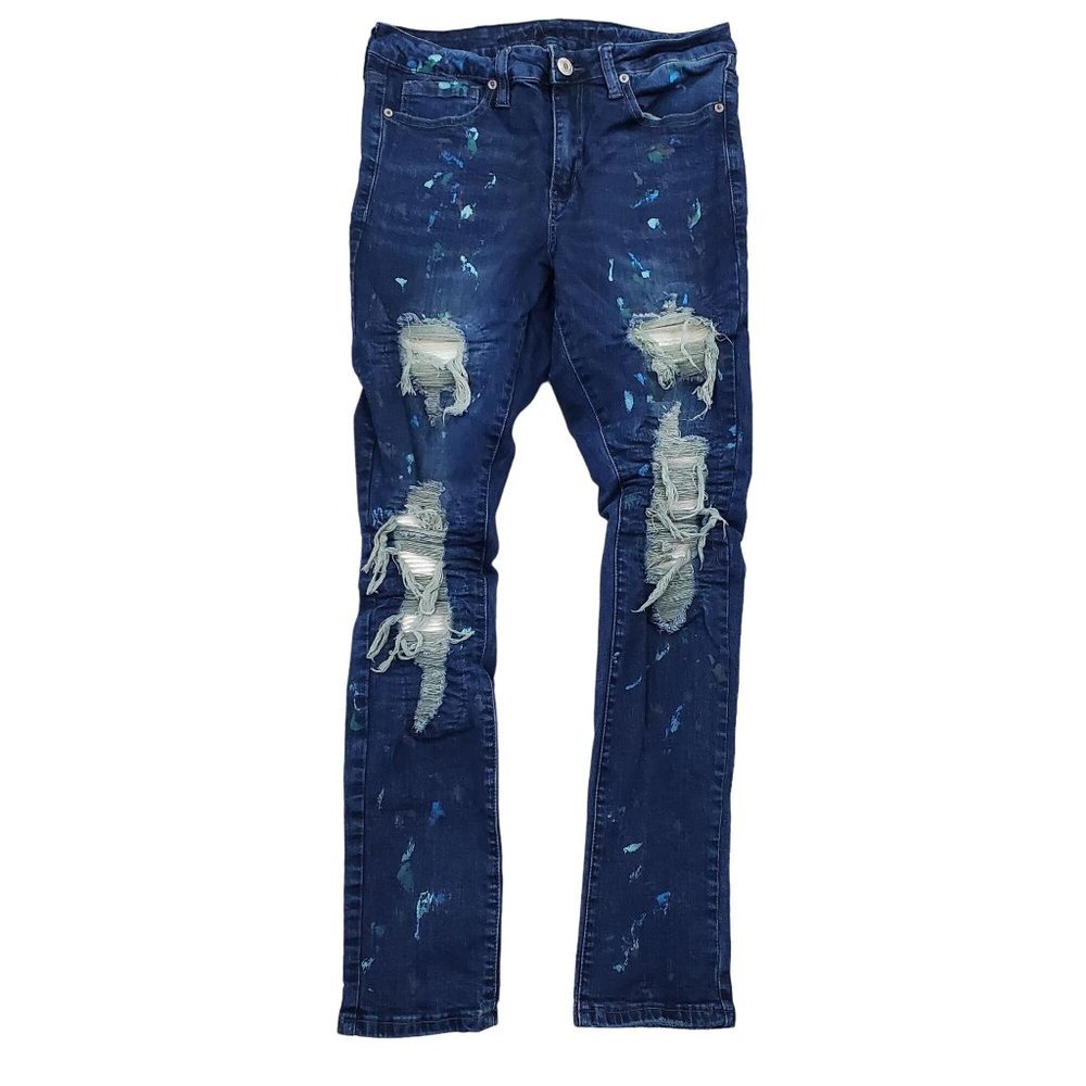 Rue21 Mens Rip Repair Moto Backed‎ Super Skinny Supreme Flex Jeans 32 X 32 Paint